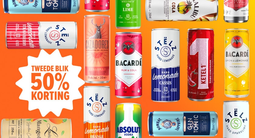 Mixdranken in blik, tweede 50% korting